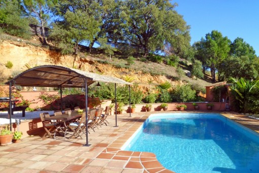 Atractiva zona de piscina con zona de comedor cubierta