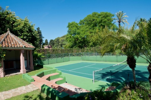 Pista de tenis con banco